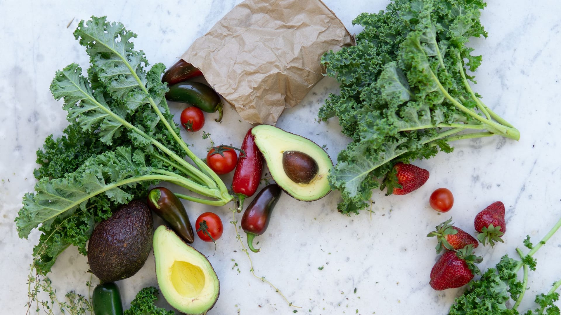 Flat lay of fresh fruits and vegetables
